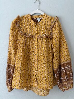 Joie Bohemian Yellow Floral Button-Down Blouse with Brown Accent Cuffs